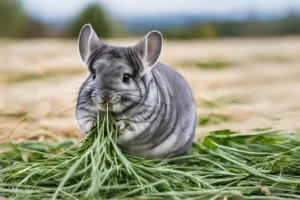Can Chinchilla Eat Alfalfa Hay long-tailed chinchilla eating green grass in a field. The chinchilla is standing on its hind legs and has its front paws on the grass.